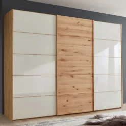 Best Wohnen 300 cm breiter Schwebetürenschrank mit Glas Beige - Nikoba