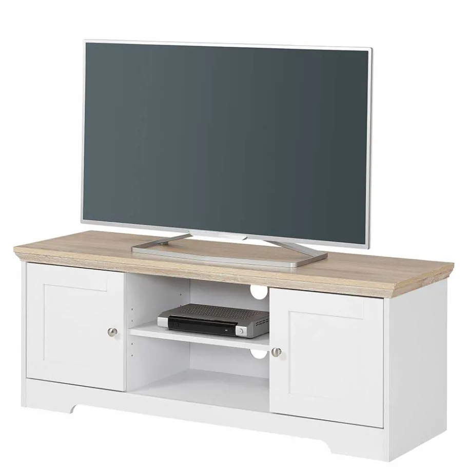 Online Wohnen 120 cm langes TV Lowboard in Weiß & Eiche - Akedra