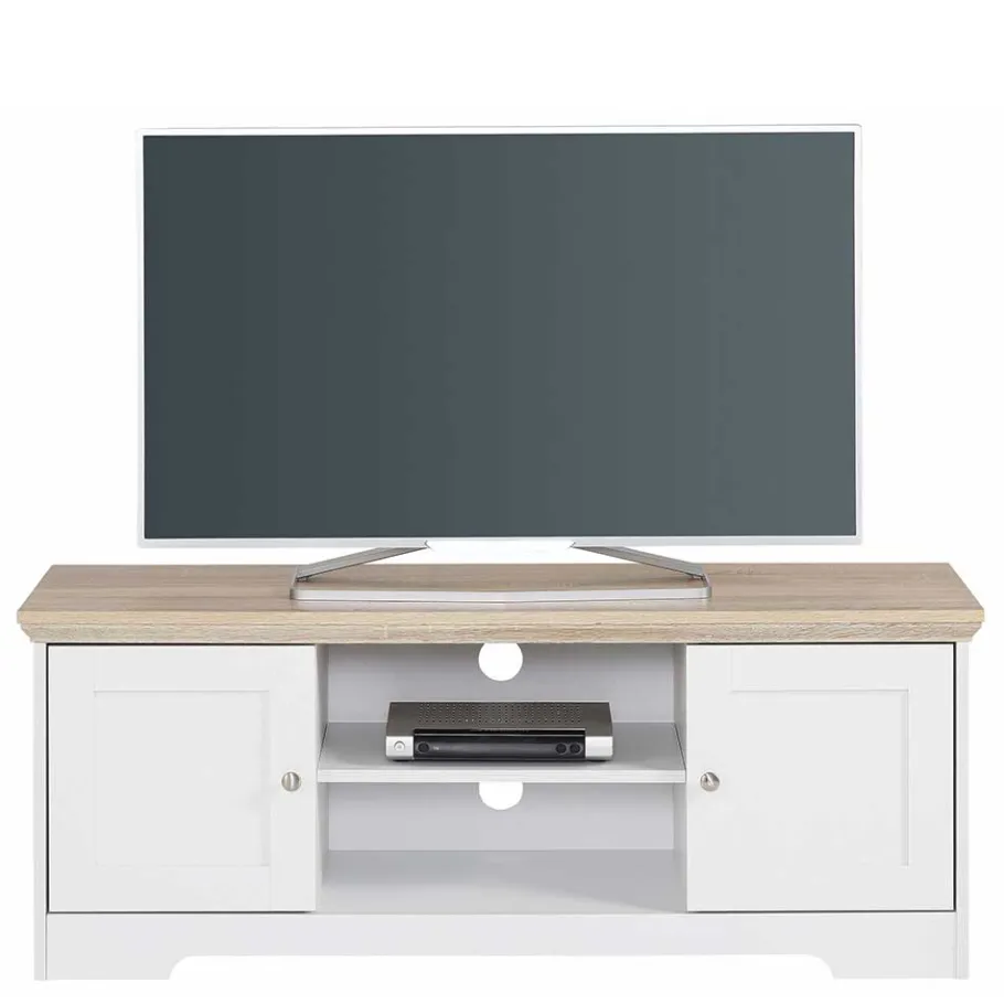 Online Wohnen 120 cm langes TV Lowboard in Weiß & Eiche - Akedra