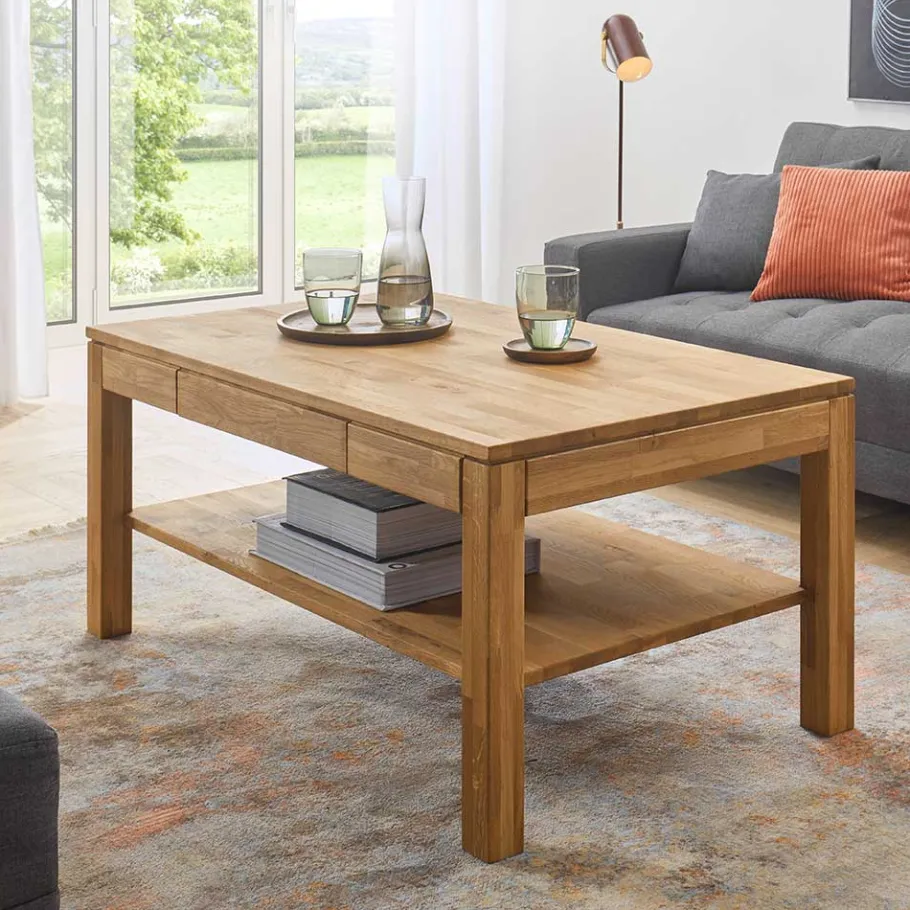 Outlet Wohnen Asteiche Sofatisch mit Schublade und Ablage - Hoxtona