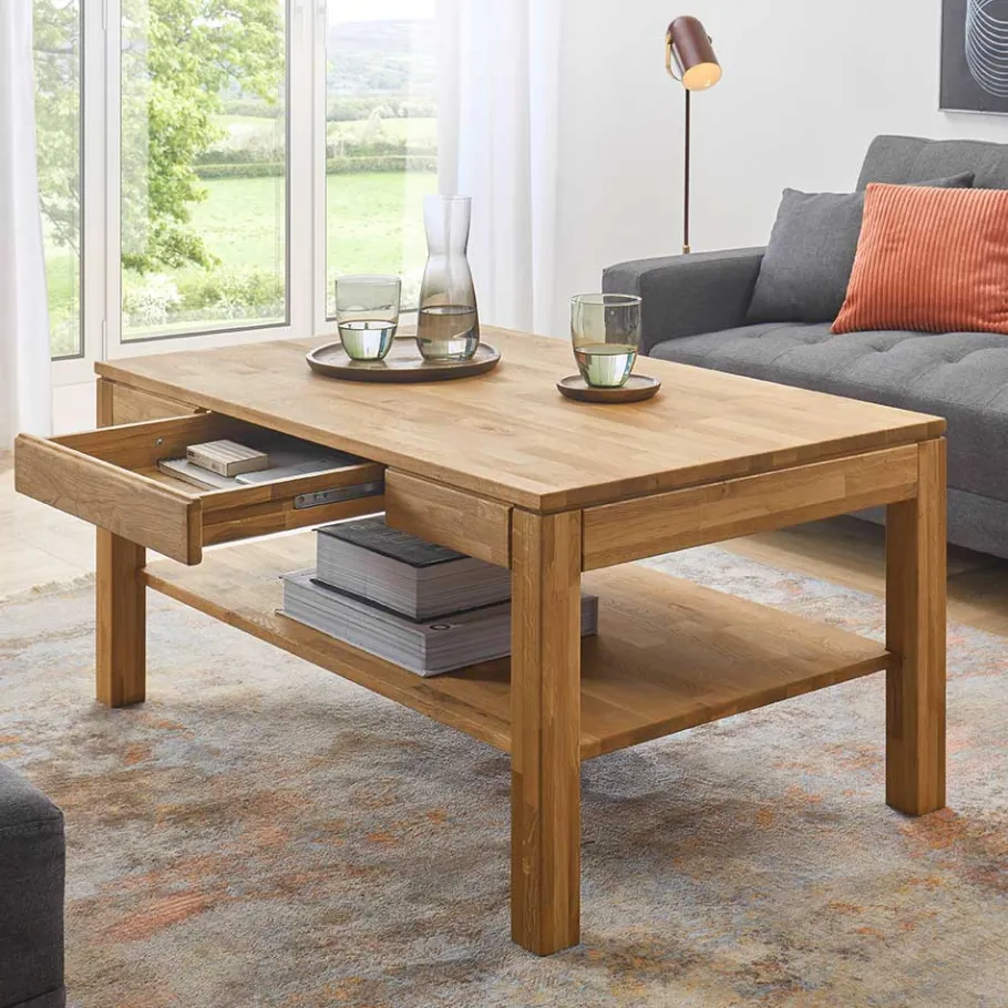 Outlet Wohnen Asteiche Sofatisch mit Schublade und Ablage - Hoxtona