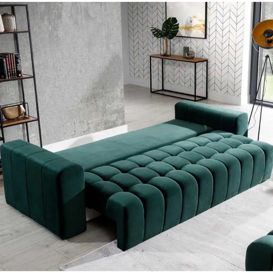 Discount Wohnen Ausklappbares Sofa in Grün Samt - Olenka