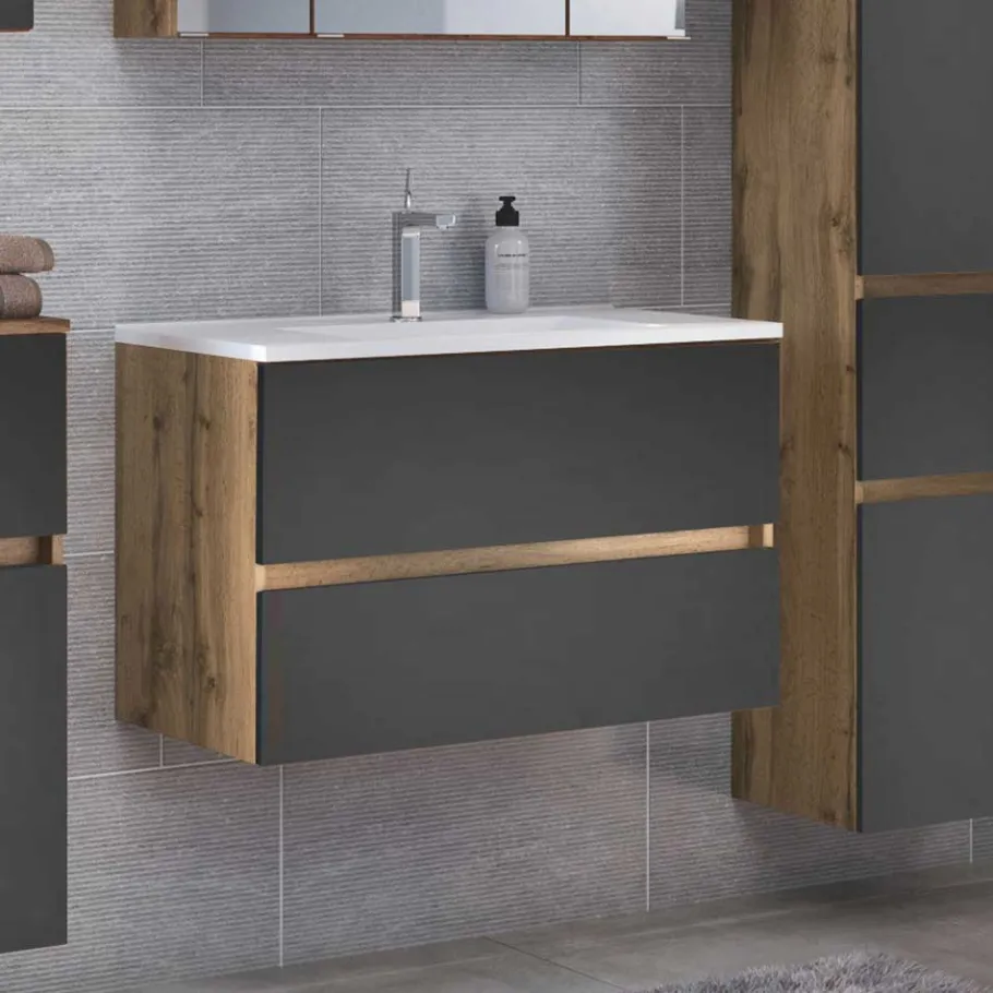 Discount Wohnen Bad Waschtisch mit Becken in Grau & Holz Optik - Athrin