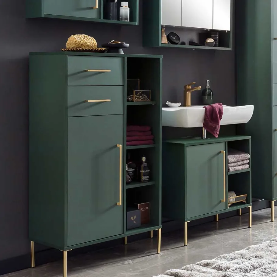 Hot Wohnen Badezimmer Highboard in Dunkelgrün & Gold - Aqua