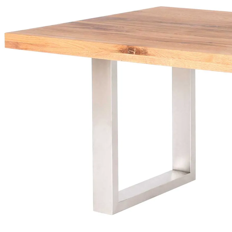 Outlet Wohnen Balkeneiche Tisch Wasconda mit Edelstahlgestell