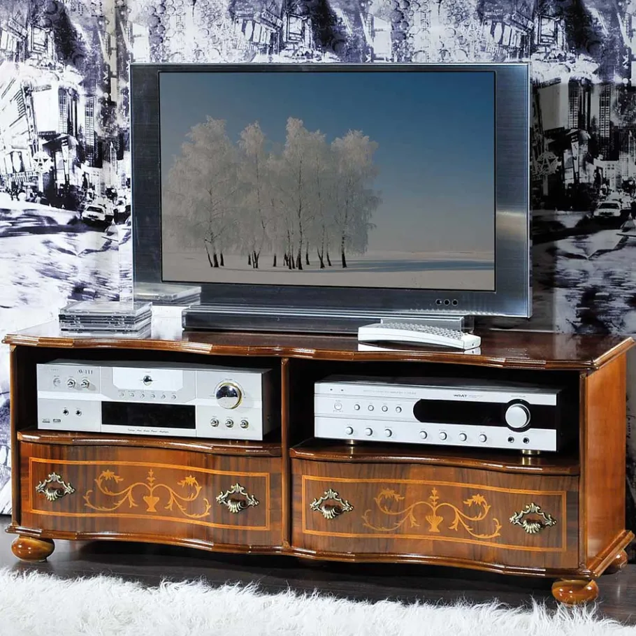 Outlet Wohnen Barock TV Board in Nussbaum Agosto mit 2 Schubladen