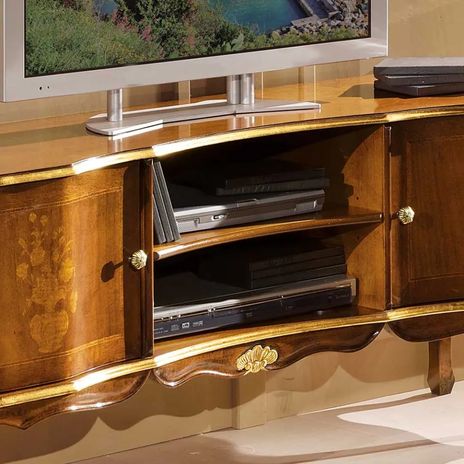 Discount Wohnen Barock TV Lowboard mit Blattgold Venerdina in Nussbaumfarben