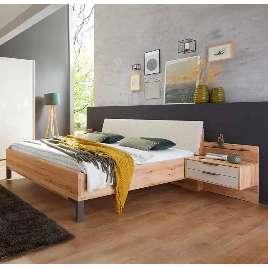 New Wohnen Bett Anlage in Kernbuche & Beige - Krofun I (dreiteilig)