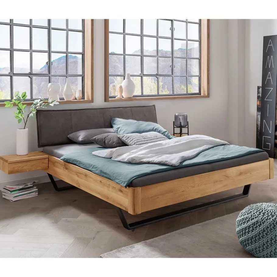 Discount Wohnen Bett aus Wildeiche & Stoff & Metall - Narcissa