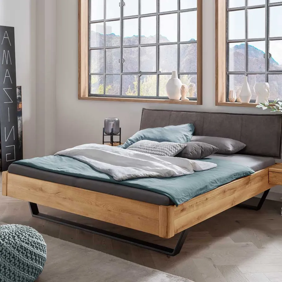 Discount Wohnen Bett aus Wildeiche & Stoff & Metall - Narcissa