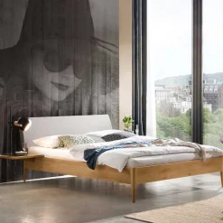 Hot Wohnen Bett aus Wildeiche Holz & Stoff Grau - Myno