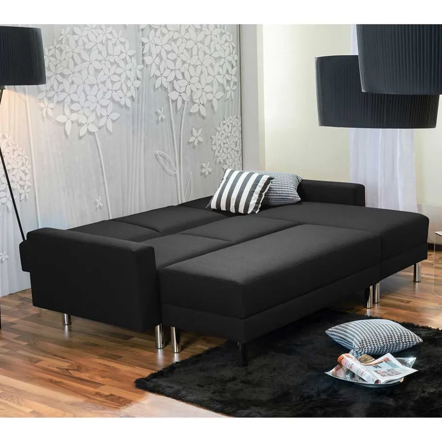 Best Wohnen Bettsofa mit Hocker in Schwarz mit Chrom - Farella (zweiteilig)