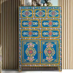 Outlet Wohnen Blaues Highboard mit farbenfrohen floralen Mustern - Vonika