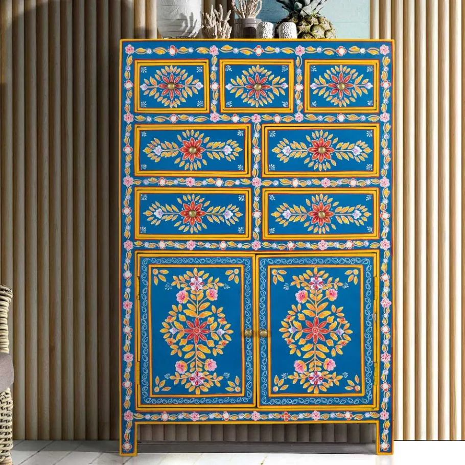 Outlet Wohnen Blaues Highboard mit farbenfrohen floralen Mustern - Vonika