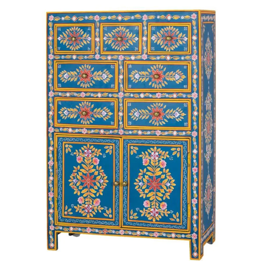 Outlet Wohnen Blaues Highboard mit farbenfrohen floralen Mustern - Vonika