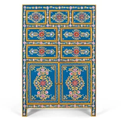 Outlet Wohnen Blaues Highboard mit farbenfrohen floralen Mustern - Vonika