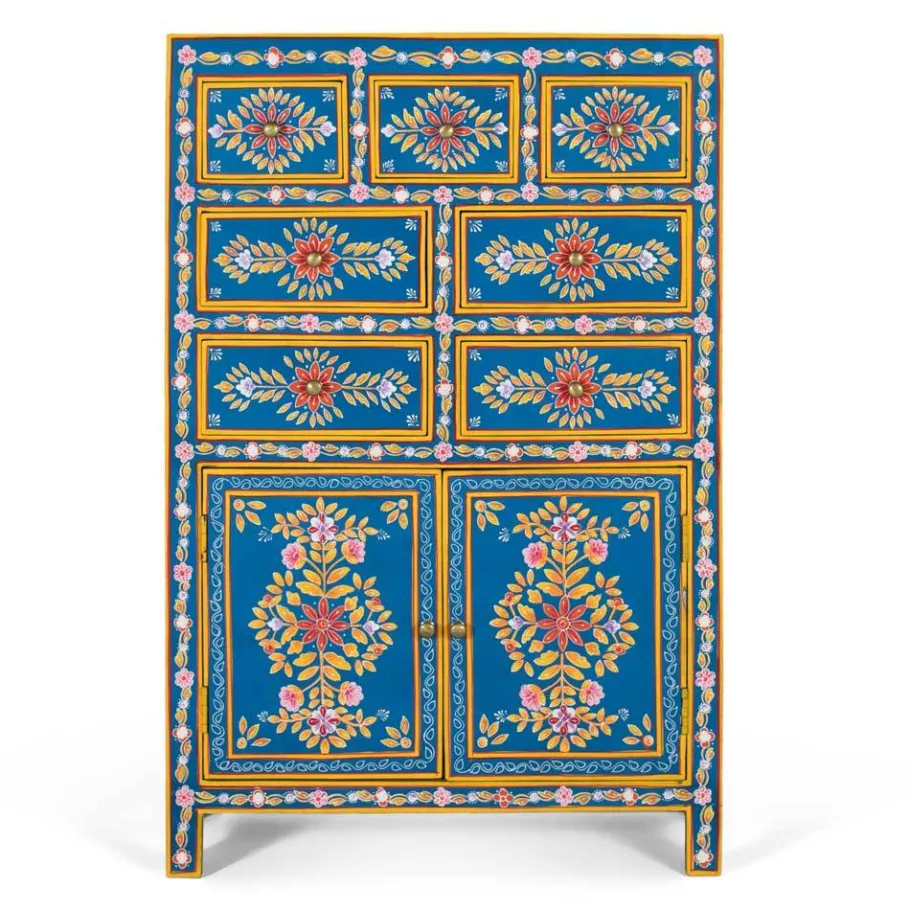 Outlet Wohnen Blaues Highboard mit farbenfrohen floralen Mustern - Vonika