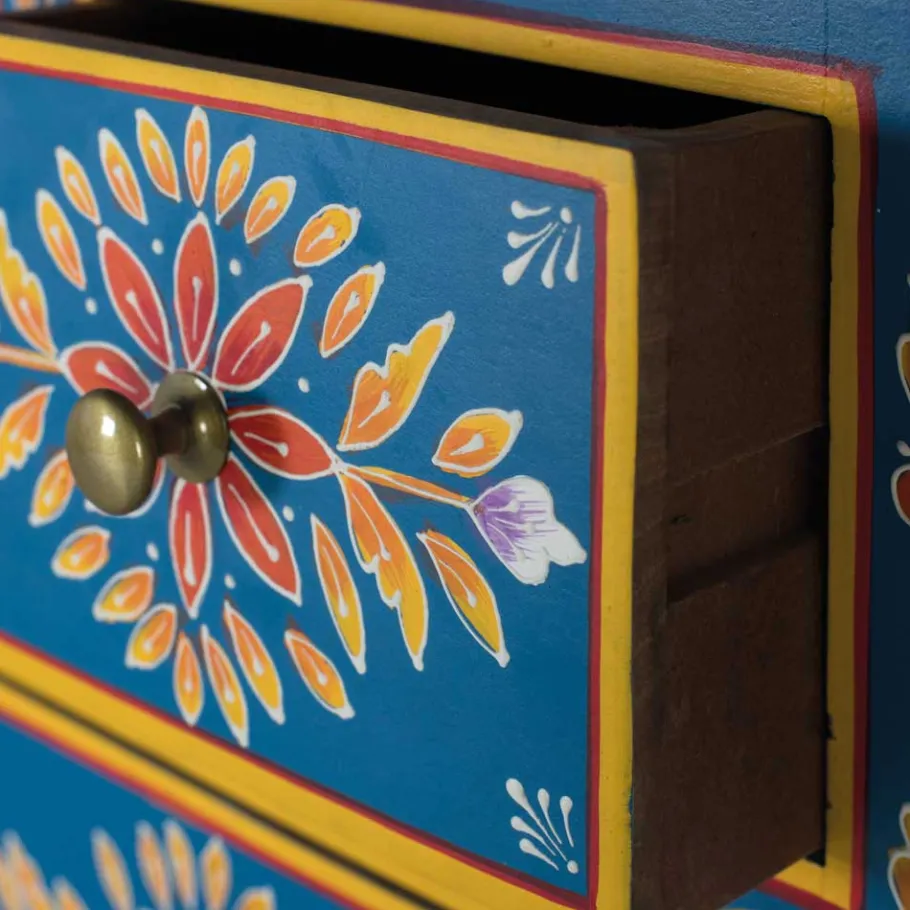 Outlet Wohnen Blaues Highboard mit farbenfrohen floralen Mustern - Vonika