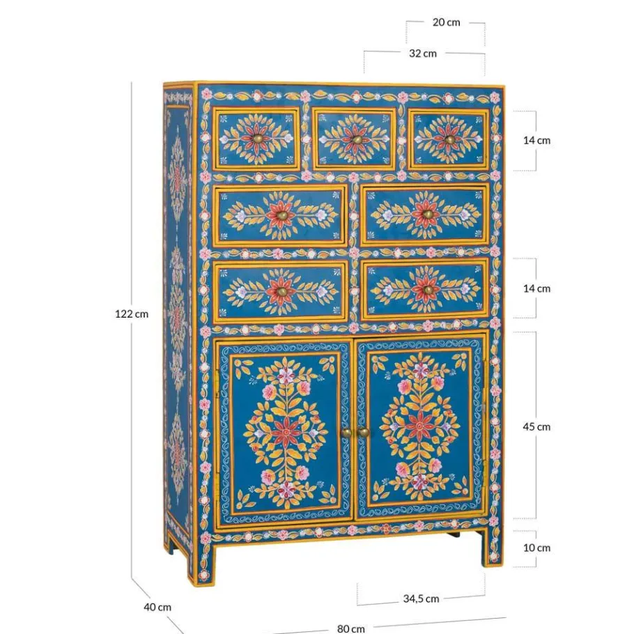 Outlet Wohnen Blaues Highboard mit farbenfrohen floralen Mustern - Vonika