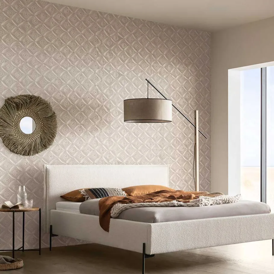 Online Wohnen Boucle Stoffbett in Creme Weiß - Fontana