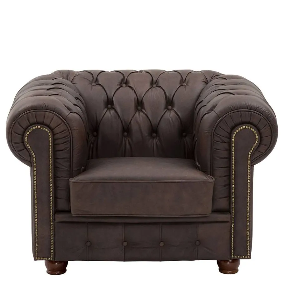 Discount Wohnen Brauner Chesterfieldsessel mit Lederbezug - Pluna