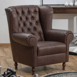 Online Wohnen Brauner Federkernsessel mit Lederbezug - Chesterfield - Esmea