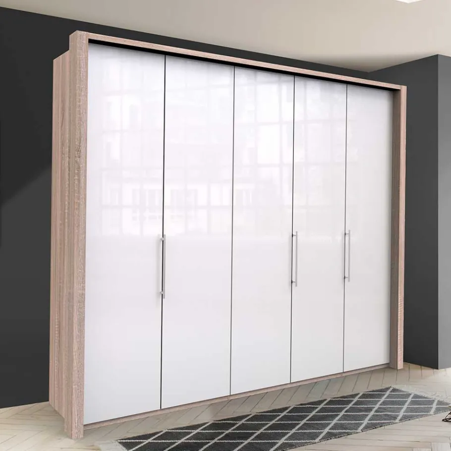 Discount Wohnen Breiter Schlafzimmerschrank mit weißer Glasfront - Bosays