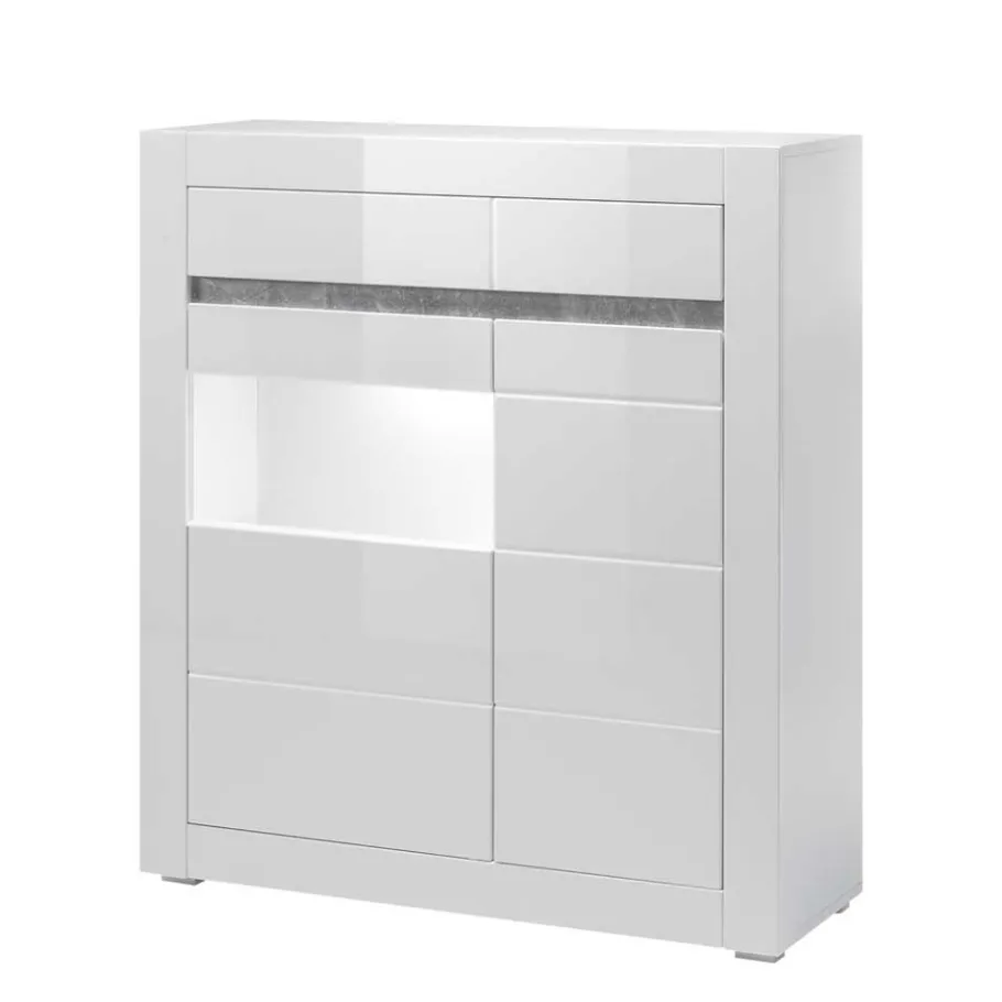 Clearance Wohnen 100cm breite Vitrine in Weiß Hochglanz Mextra mit Beton Dekor abgesetzt