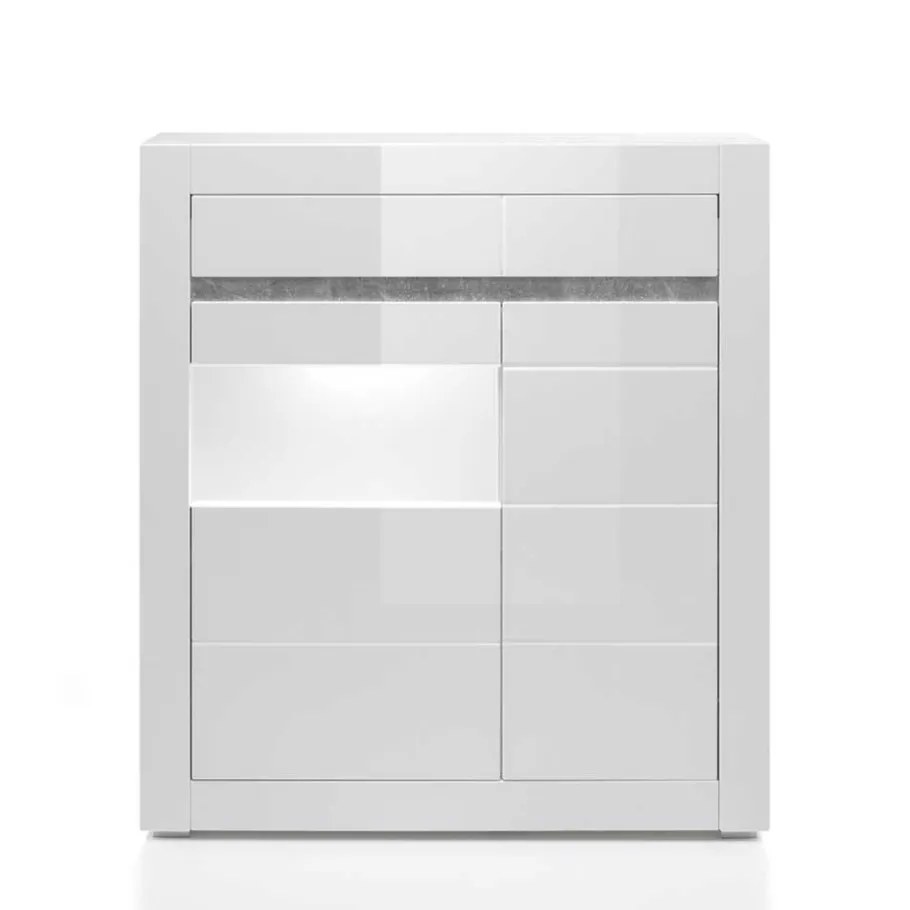 Clearance Wohnen 100cm breite Vitrine in Weiß Hochglanz Mextra mit Beton Dekor abgesetzt