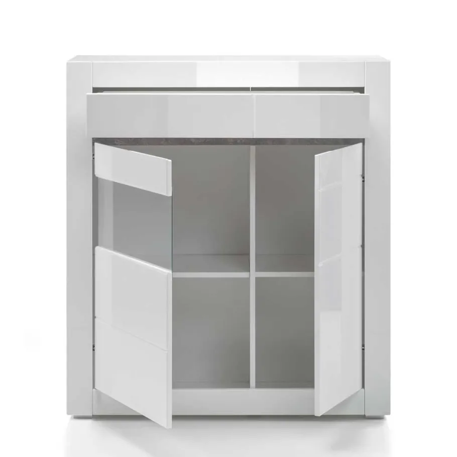 Clearance Wohnen 100cm breite Vitrine in Weiß Hochglanz Mextra mit Beton Dekor abgesetzt