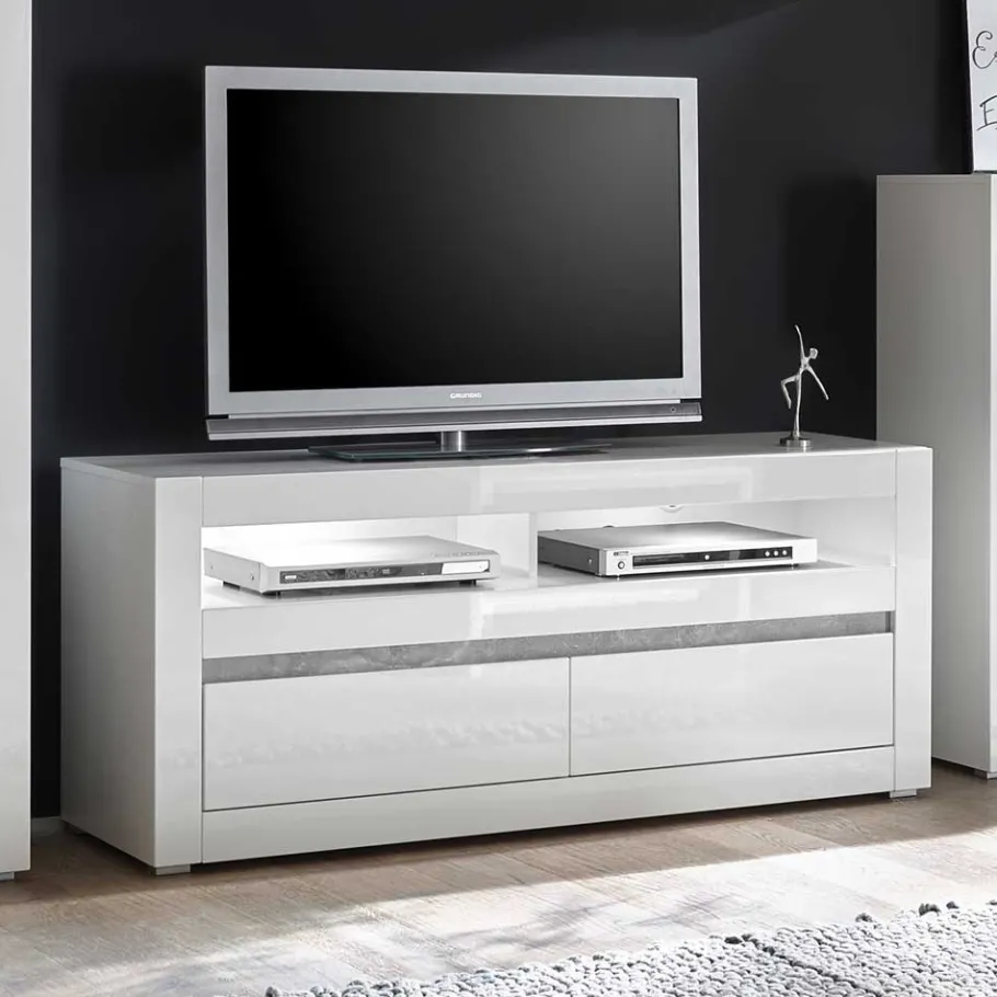 Wohnen 150cm breites TV Board in Hochglanz Weiß Mextra mit Beton Dekor