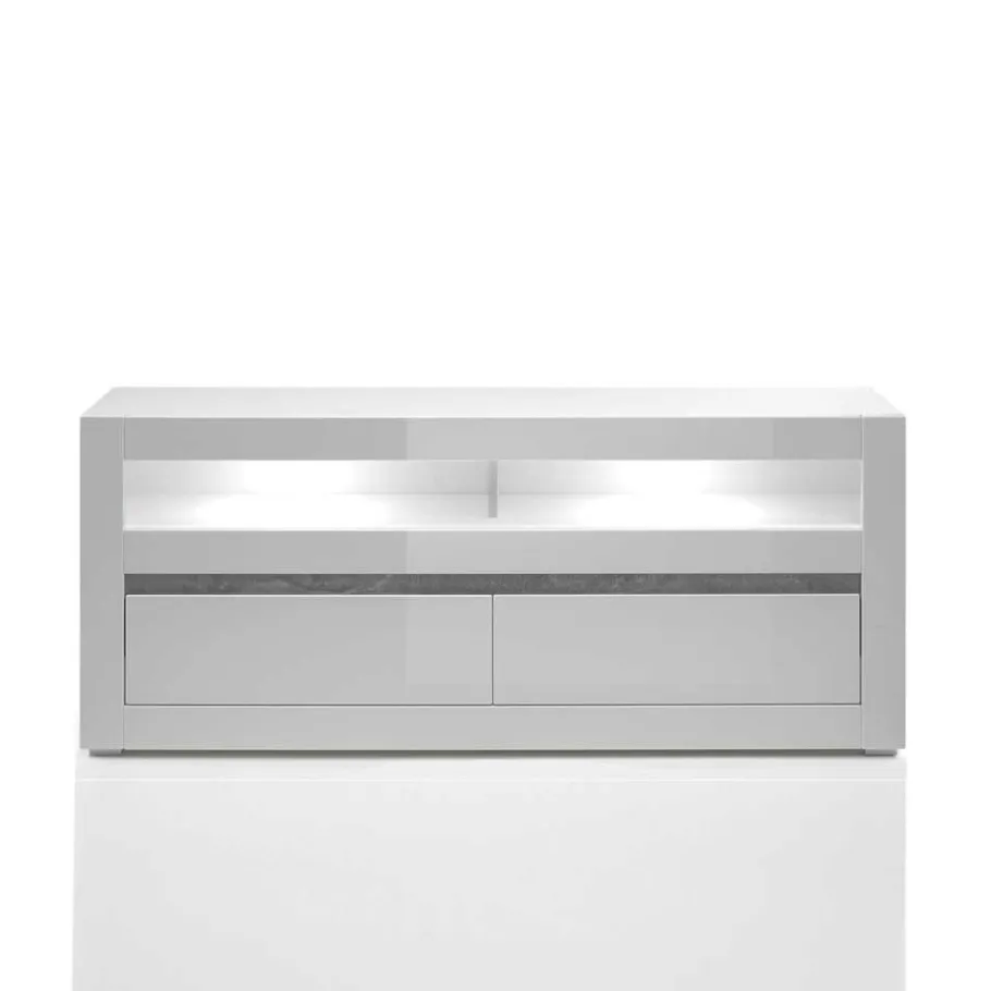 Wohnen 150cm breites TV Board in Hochglanz Weiß Mextra mit Beton Dekor