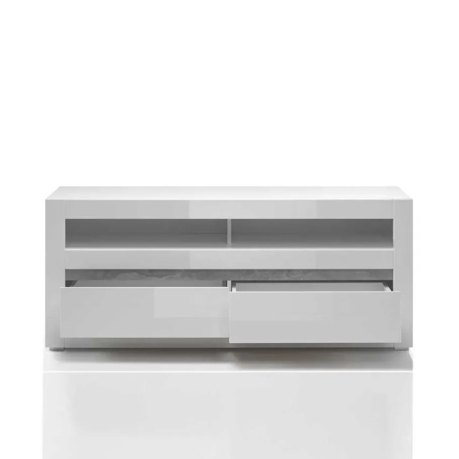 Wohnen 150cm breites TV Board in Hochglanz Weiß Mextra mit Beton Dekor
