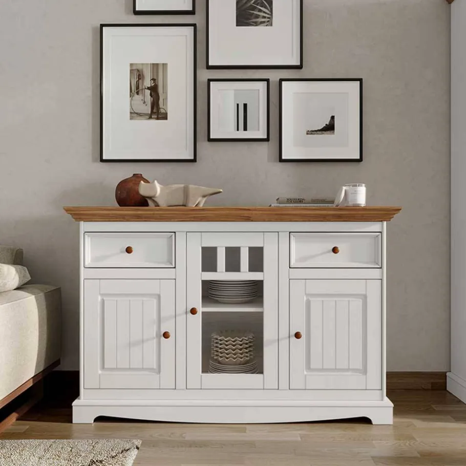 Outlet Wohnen 130cm Landhaus-Kommode mit Glaseinsatz - Bordona