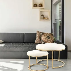 New Wohnen Couchhocker Set in Cremeweiß mit Gold - Gauri (zweiteilig)