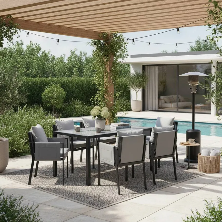 Online Wohnen Design Garten-Essgruppe in Grau & Schwarz - Geraldine (siebenteilig)