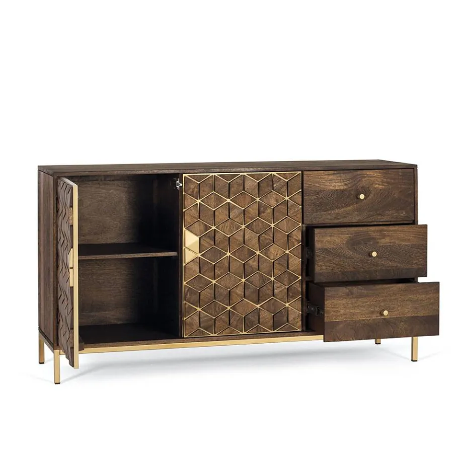 Clearance Wohnen Design Kombi-Kommode in Walnuss Braun und Gold - Feregato