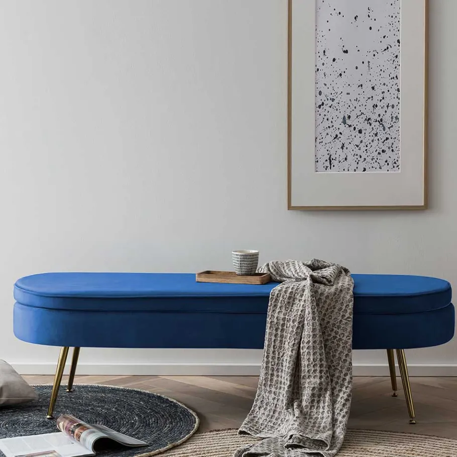Wohnen Design Polsterbank in Blau Samt & Gold Metall - Dotagon