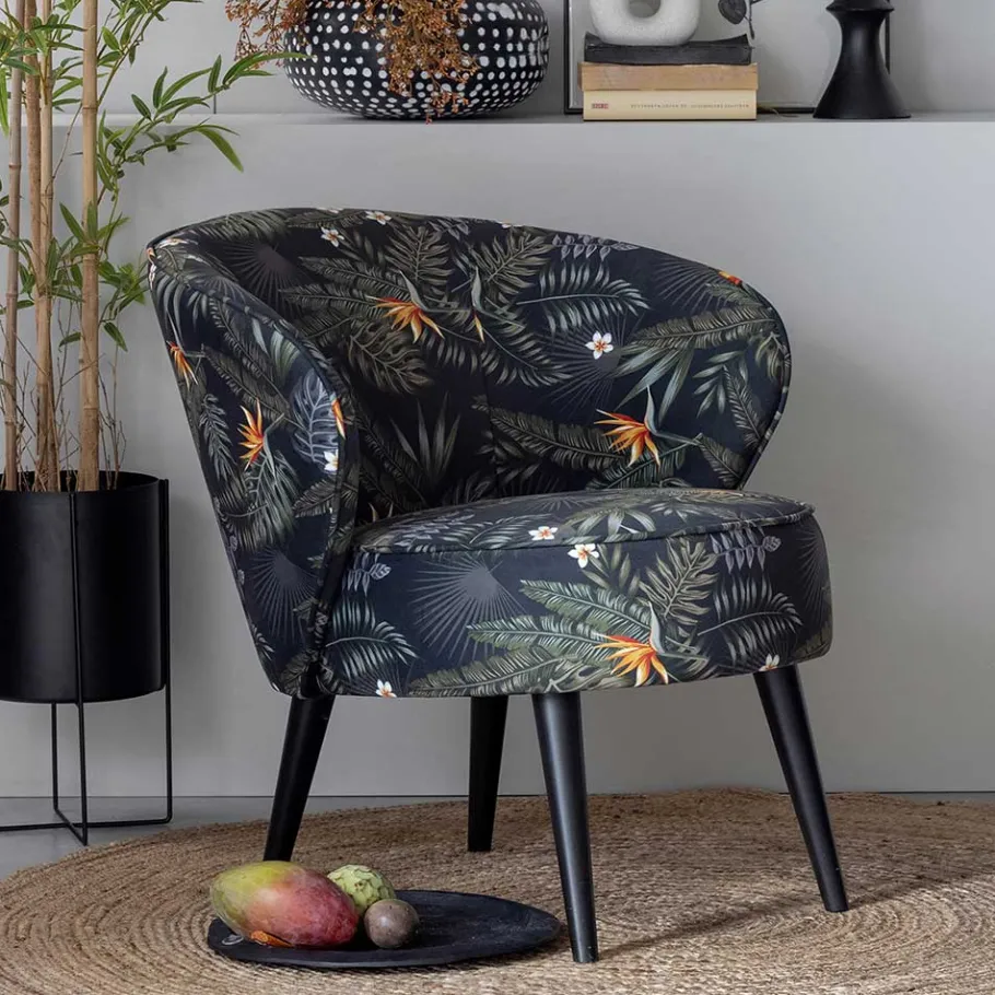 Online Wohnen Design Samtsessel mit Strelitzie Dschungel Print - Ella