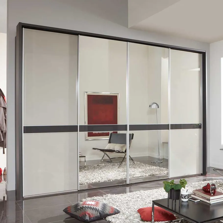 New Wohnen Design Schrank mit Spiegel & Glas Front Hellgrau - Capolyna