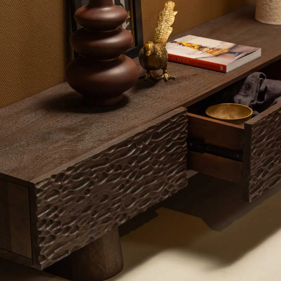 Hot Wohnen Design TV Lowboard aus Mangoholz in Walnuss Braun - Glancossa