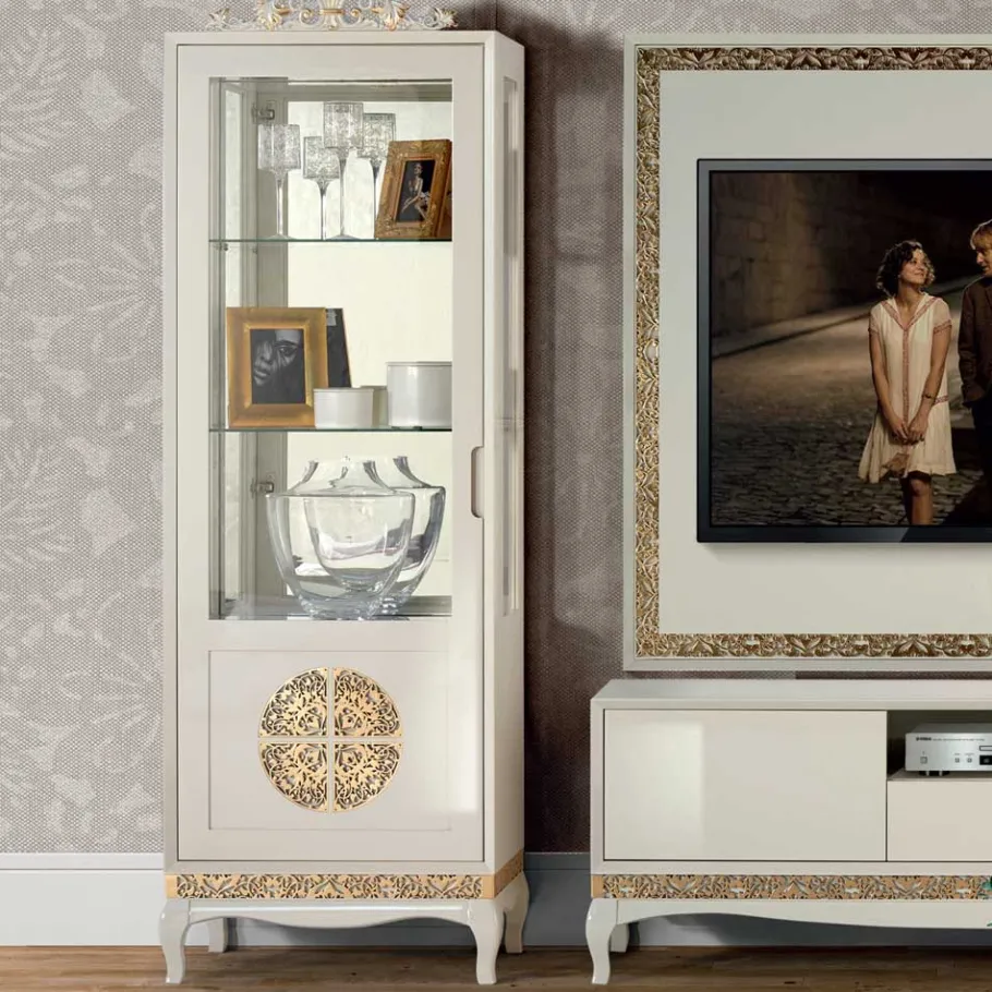 Discount Wohnen Design TV Wand in Weiß & Gold - Valganios (vierteilig)