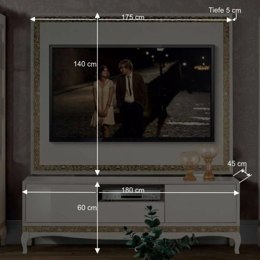 Discount Wohnen Design TV Wand in Weiß & Gold - Valganios (vierteilig)