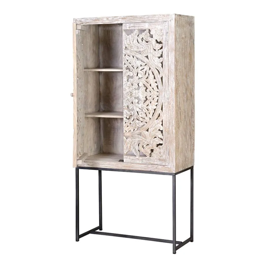 Wohnen Design Vintageschrank in White Wash Mangoholz - Fudorus