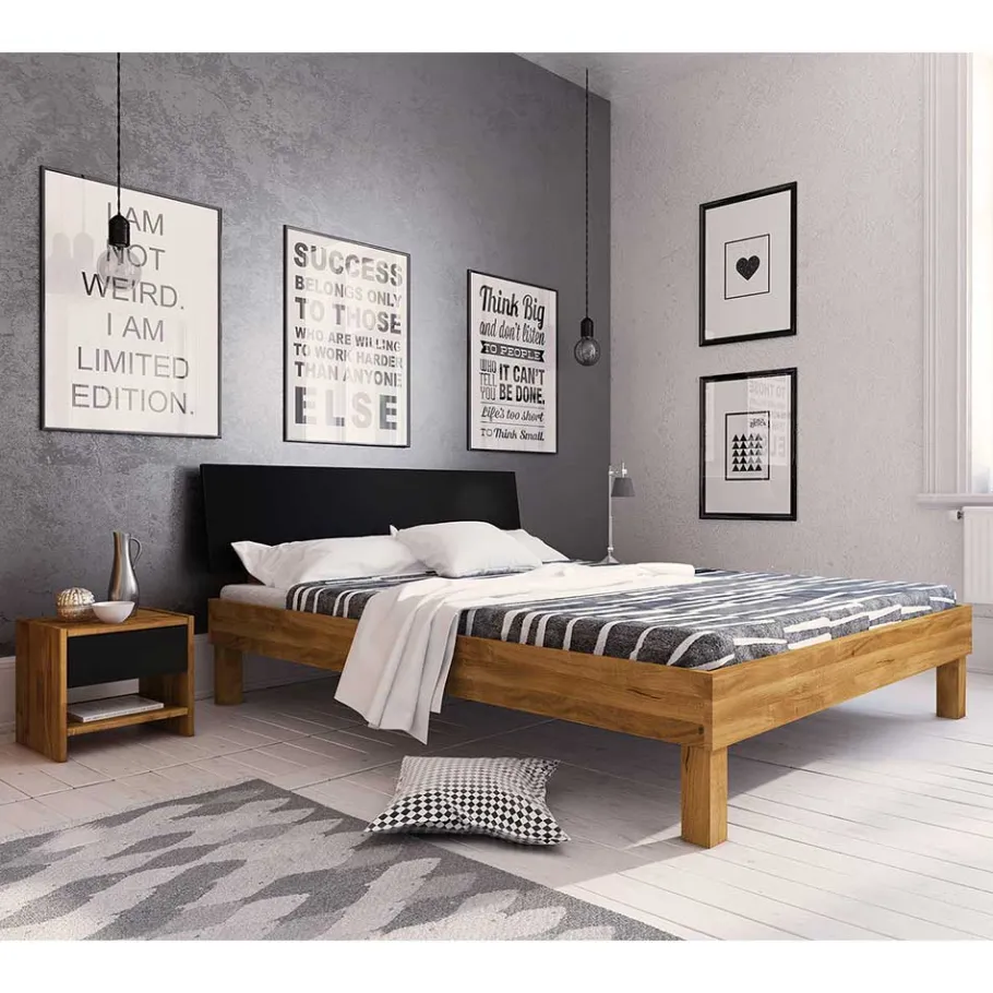 Discount Wohnen Design Wildeiche Bett & Nachttische - Olbysca (dreiteilig)