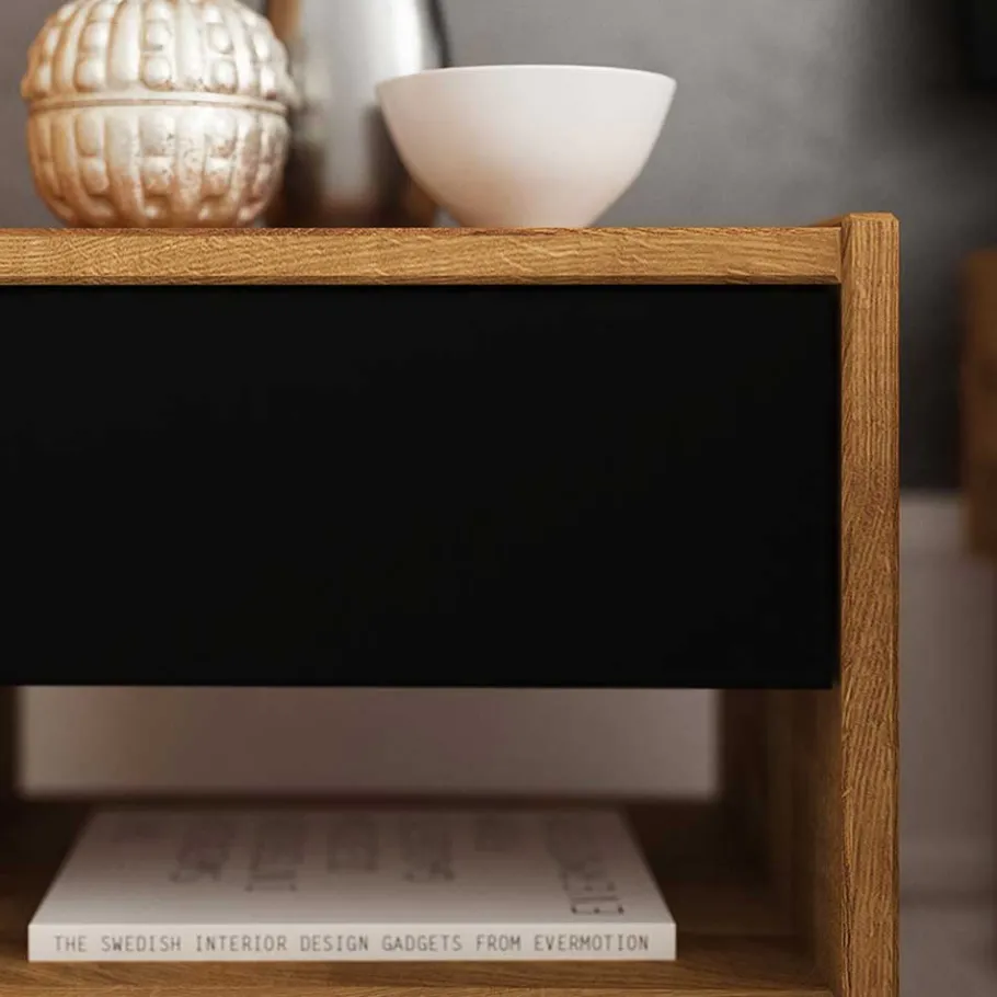 Discount Wohnen Design Wildeiche Bett & Nachttische - Olbysca (dreiteilig)