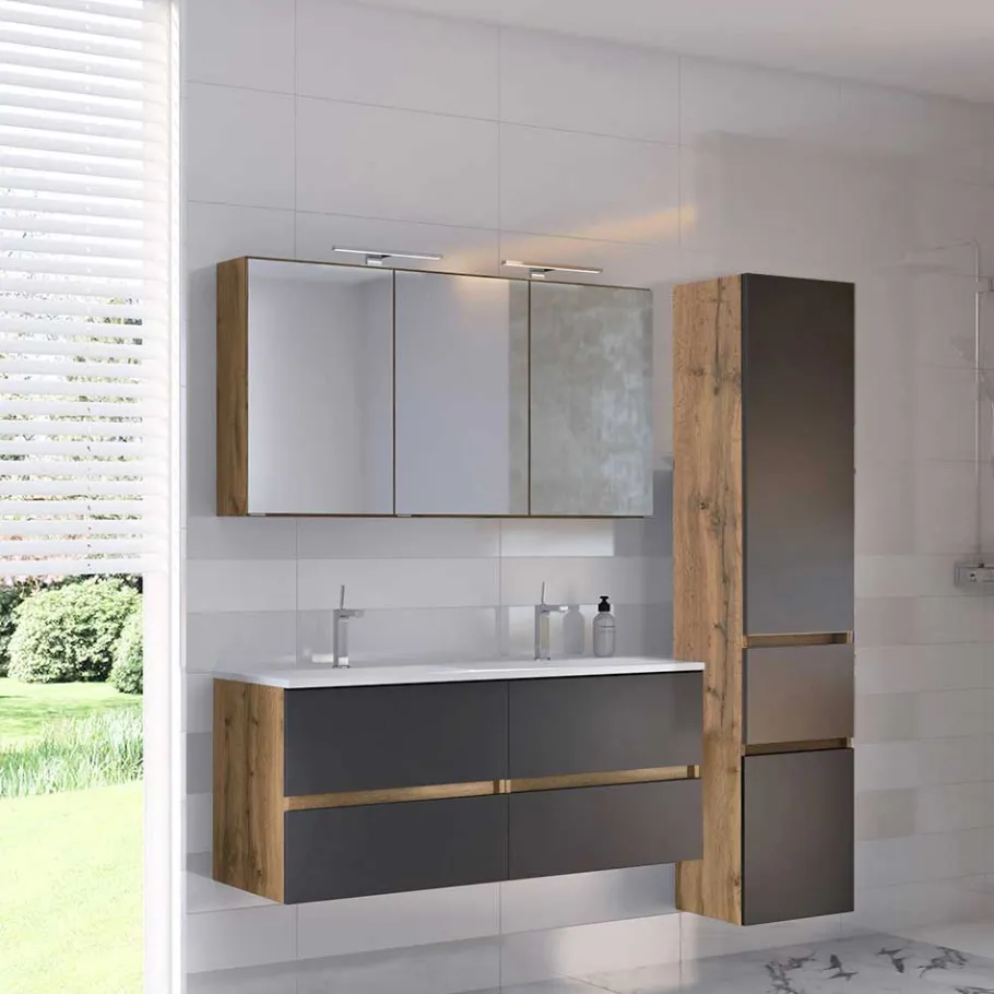 New Wohnen Doppelter Waschtisch mit Spiegelschrank - Athrin (dreiteilig)