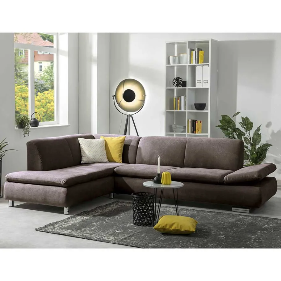 Clearance Wohnen Dreisitzer Ecksofa in Dunkelbraun mit Chrom - Sona