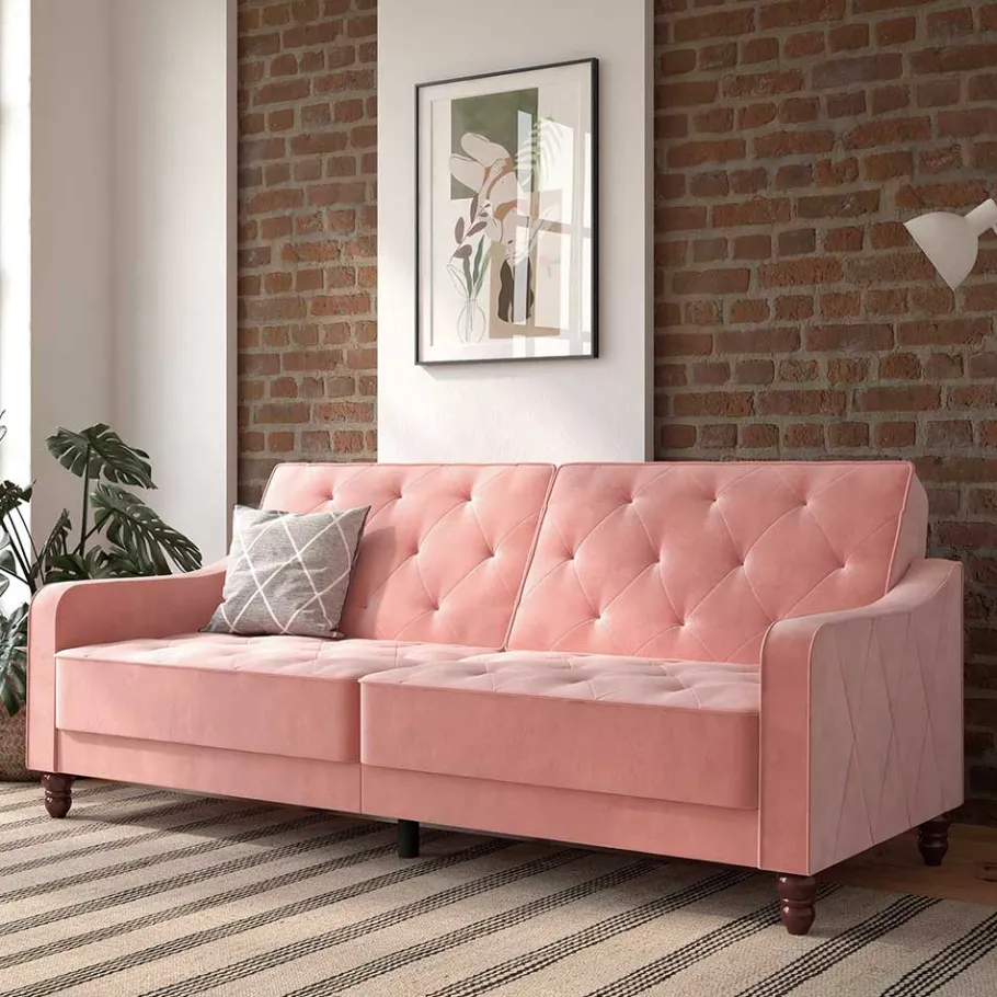 New Wohnen Dreisitzer Schlafcouch in Rosa Samtbezug - Norteba