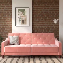 New Wohnen Dreisitzer Schlafcouch in Rosa Samtbezug - Norteba